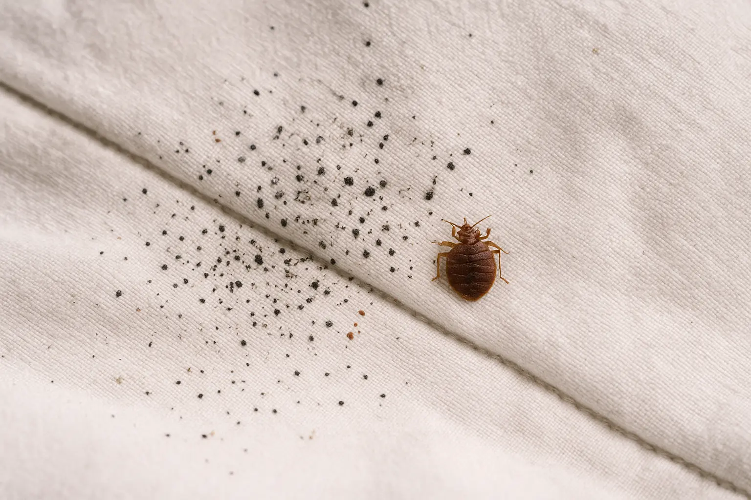 Traces noires de présence de punaises de lit sur un drap près d'une couture de couchage